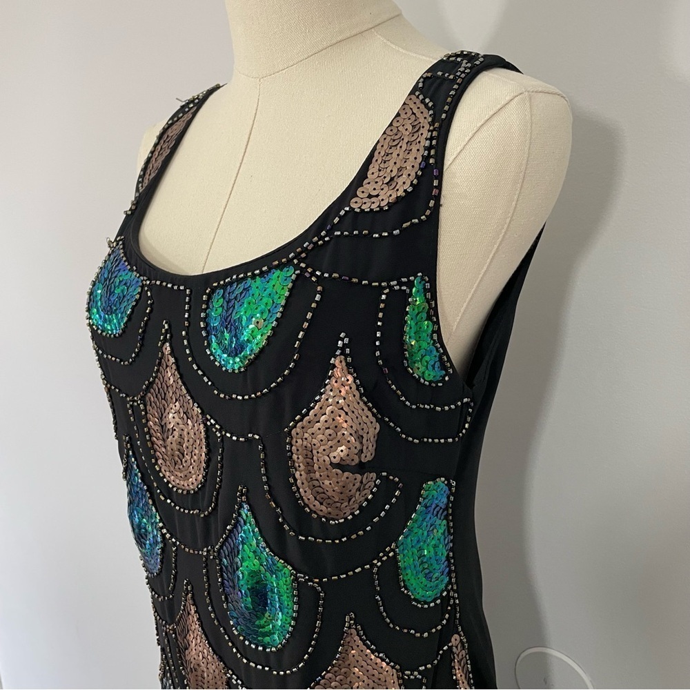 Papillon Sequin Cocktail Dress Sz S Black Green Peacock LBD Party Event Sexy GUC - Picture 3 of 12